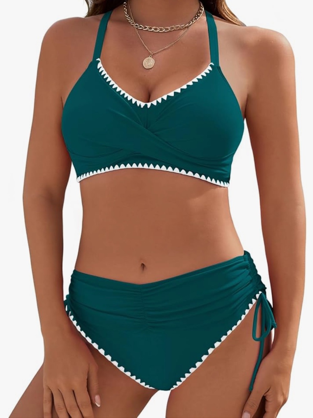 Bikini Sets V Neck High Waisted Swimsuits Shell Stitched Two Piece Tie Side nwt